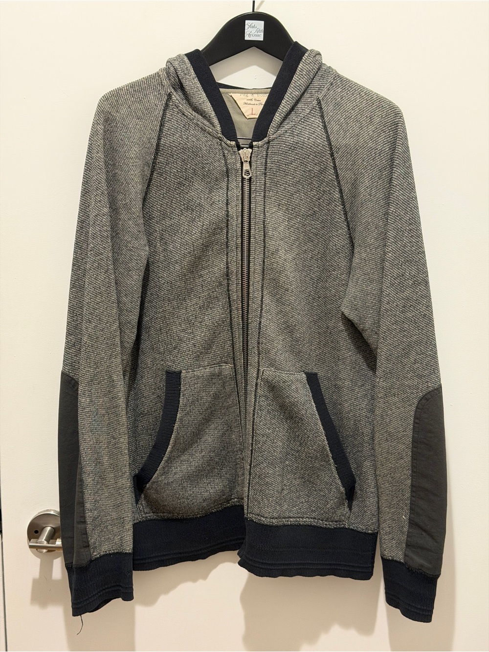 rag & bone Grey Zip-Up Hooded Sweater with Navy Accents